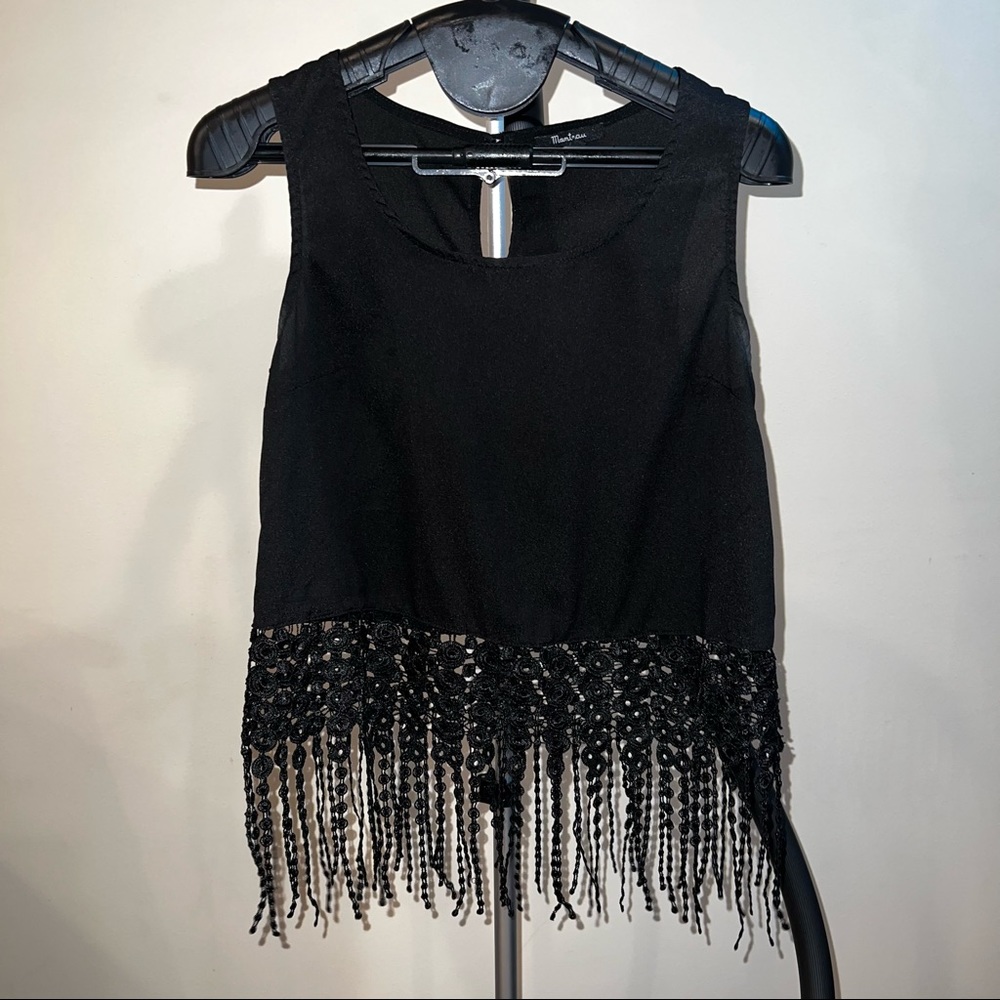 Monteau black fringe crop top size small